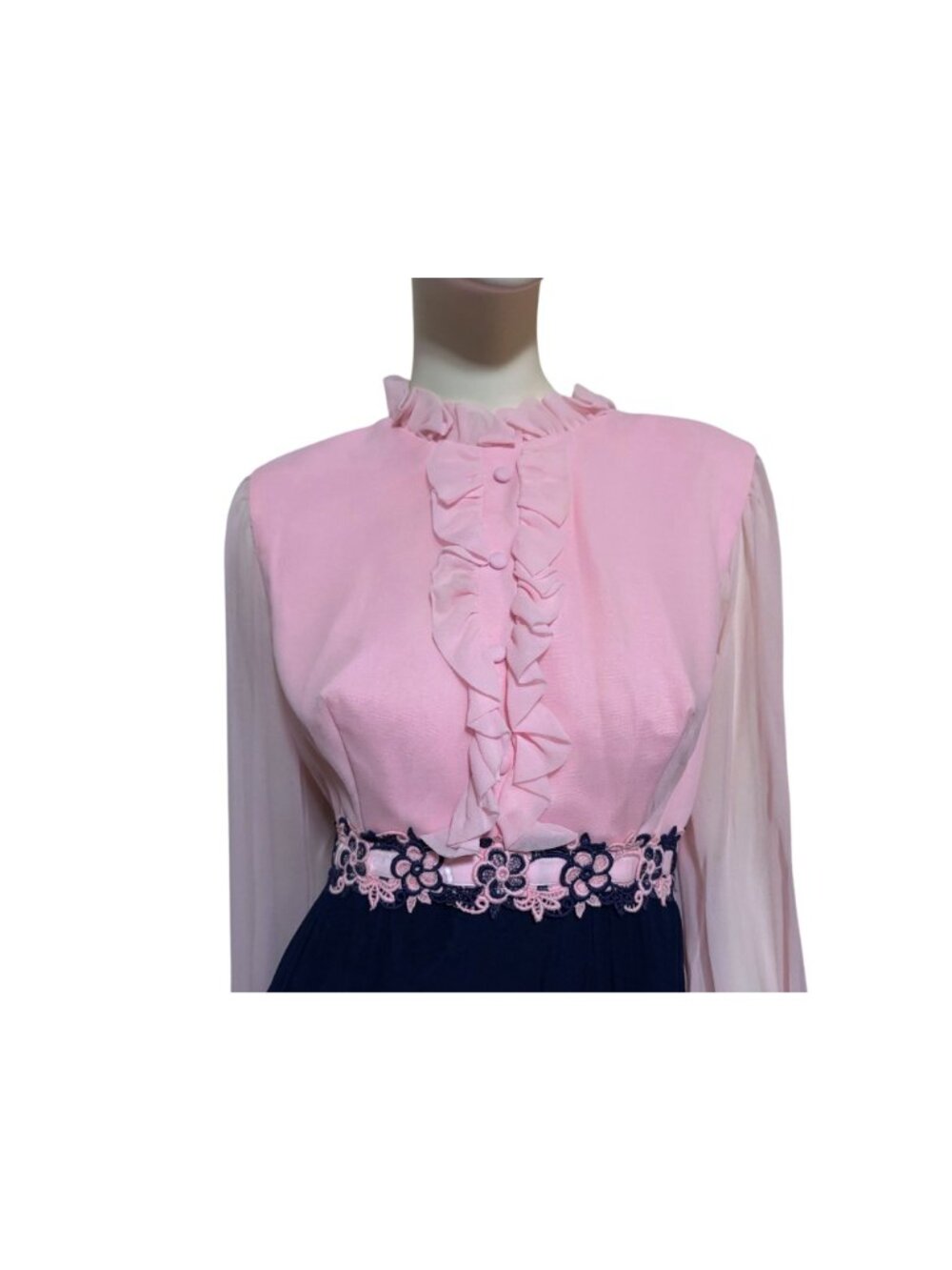Vintage Formal Maxi Dress S Embroidered Ruffle Balloon Sleeves Twee Coquette - Picture 2 of 7